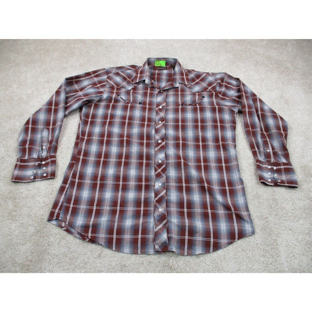 Roper Shirt Mens XL Red Blue Plaid Embroidered Guitar Pearl Snap Western Cowboy